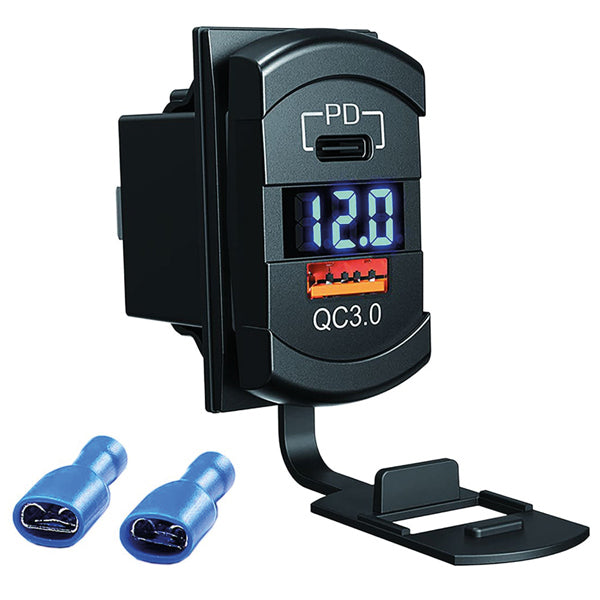 Paneluttag med 1st USB A, 1 stk USB C, voltmeter, 12-24V